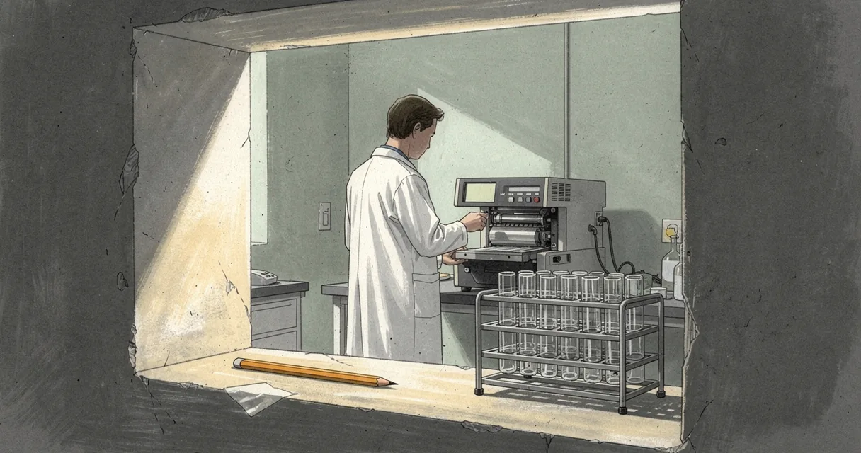 Editorial illustration of a technician working beyond a hormone-assay hatch