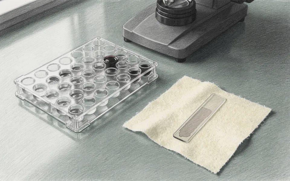 Illustration of a multiwell assay plate beside a microscope and blood smear